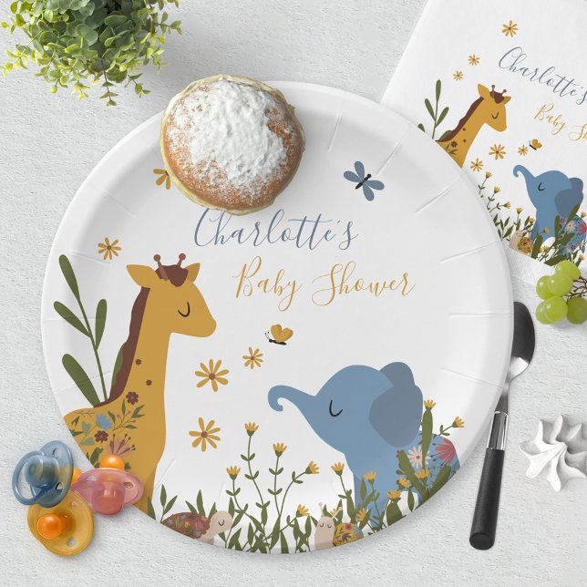 Assiettes En Carton Bébé mignon Animaux Floral Baby shower rond (Wild Giraffe Elephant Snail Turtle Baby Shower Paper Plates ©Susanne Sachers - Sunny Mind Design 🌞)