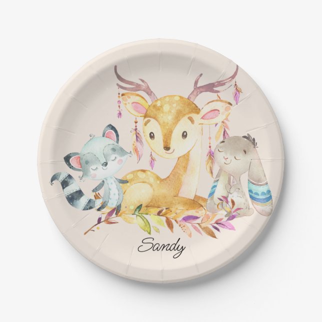Assiettes En Carton Bébé mignon Animaux Personnalisés Nom Sexe Neutre (Devant)