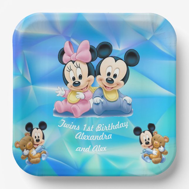 Assiettes En Carton Bébé mignon Blue Twins 1er anniversaire (Recto)