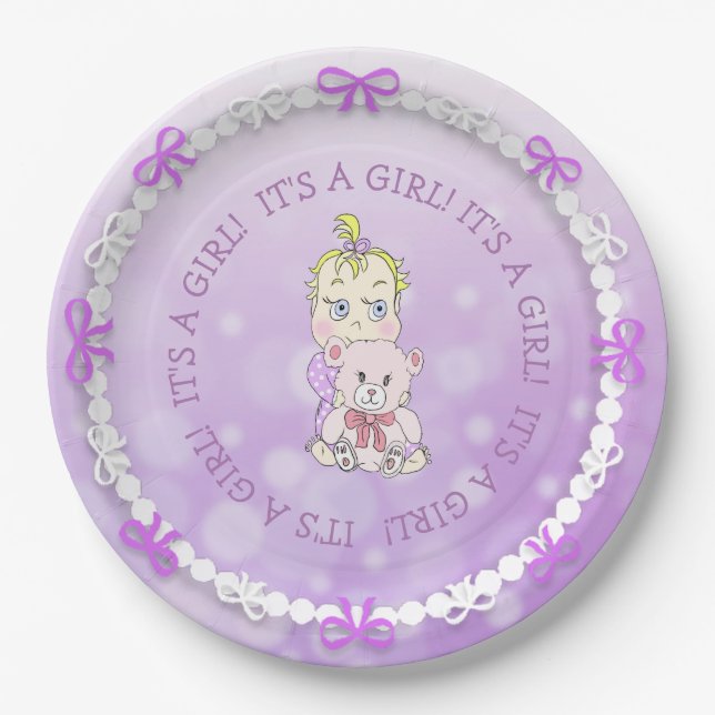 Assiettes En Carton Bébé mignon fille tenant Baby shower Ours Teddy (Devant)