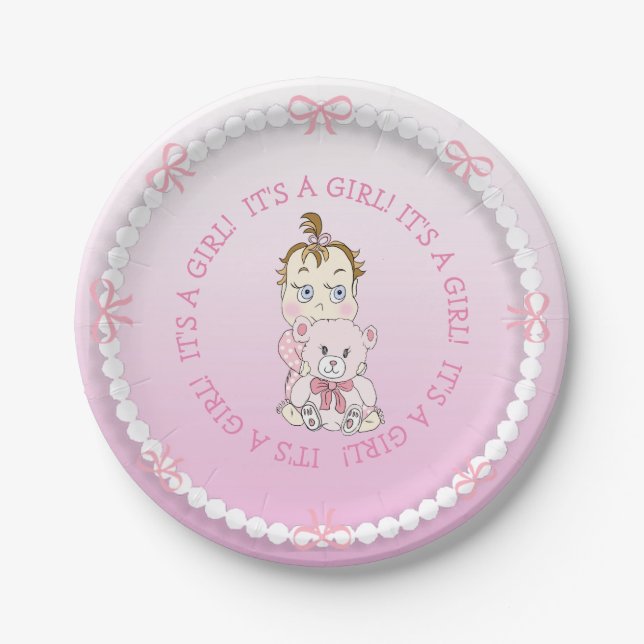 Assiettes En Carton Bébé mignon fille tenant Baby shower Ours Teddy (Devant)