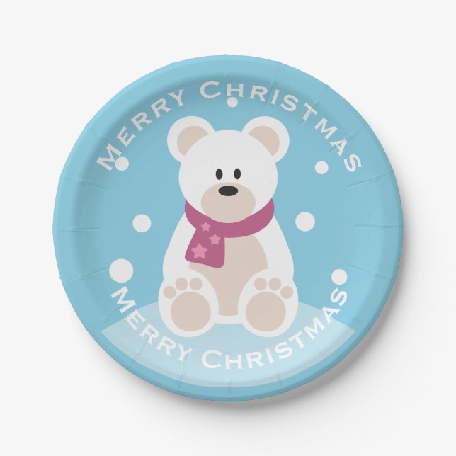 Assiettes En Carton Bébé mignon Ours polaire Joyeux Noël fête (Devant)