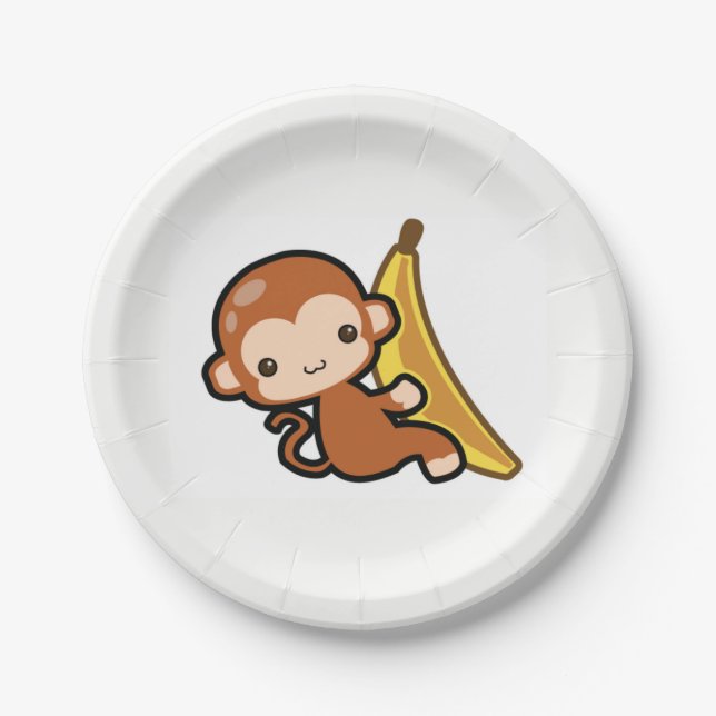 Assiettes En Carton Bébé mignon singe blanc banane (Devant)