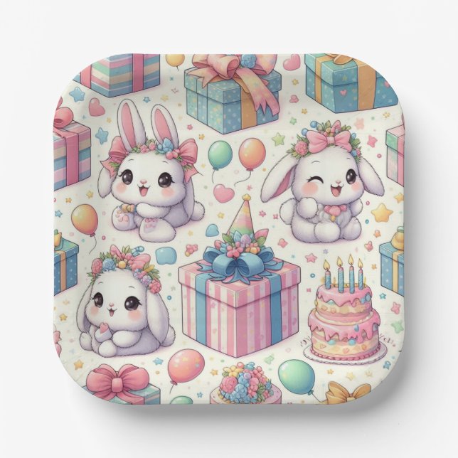 Assiettes En Carton Bébé mignonne lapins Plaques de fête d'anniversair (Recto)