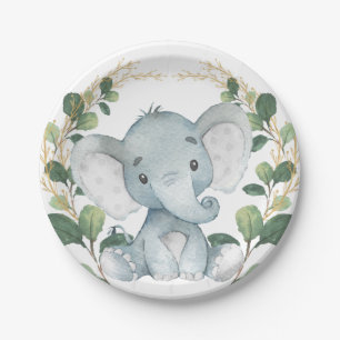 Assiettes En Carton Bébé mou Eléphant Aquarelle Verdure Gold Party