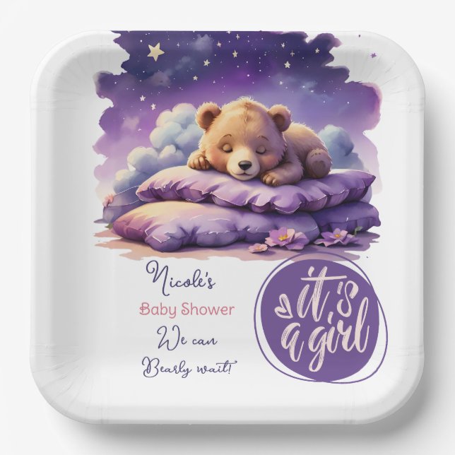 Assiettes En Carton Bébé ours dormant violet Galaxy Baby shower fille (Recto)