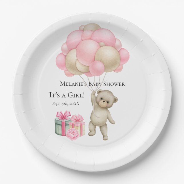 Assiettes En Carton Bébé ours fille Ballons roses | Plaques de papier (Devant)