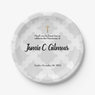 Assiettes En Carton Bébé personnalisé Christening Grey & Gold cross