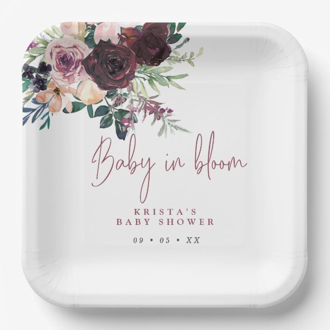 Assiettes En Carton Bébé Rose Bourgogne dans le Baby shower en fleurs (Recto)