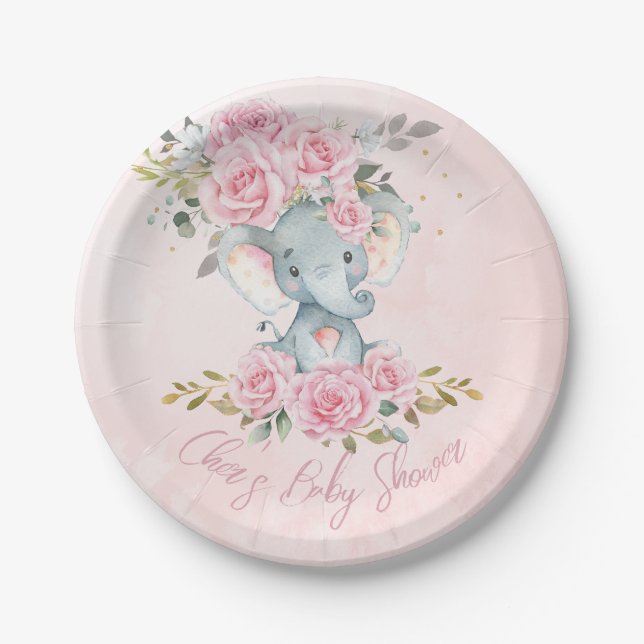 Assiettes En Carton Bébé rose floral mignon Eléphants Twins Baby showe (Devant)
