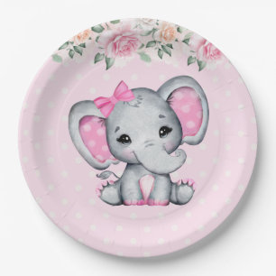 Assiettes En Carton Bébé rose mignon éléphant et frontière Rose