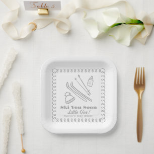 Assiettes En Carton Bébé Ski Dessiné à la Main Gris Bientôt Cadeau de