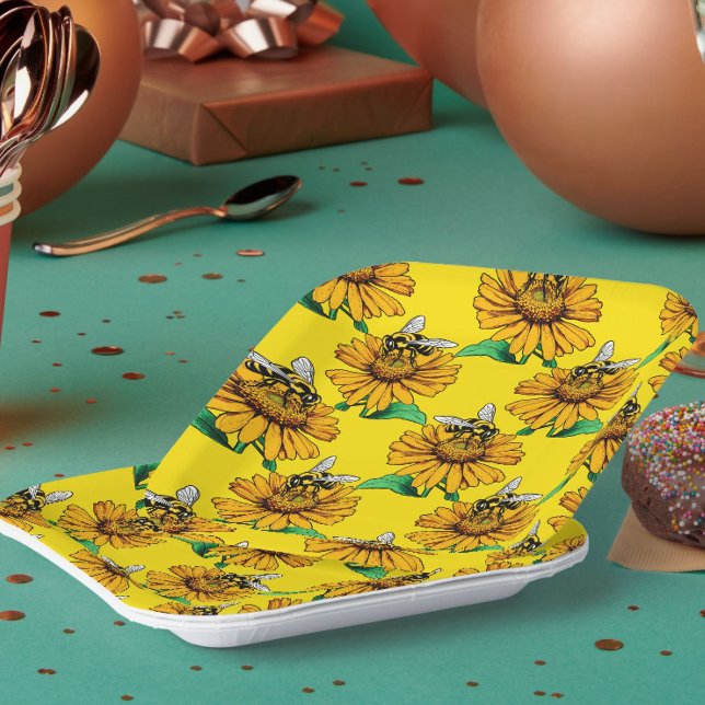Assiettes En Carton Bee on Sunflower Flower Pattern Design Yellow  (Créateur téléchargé)