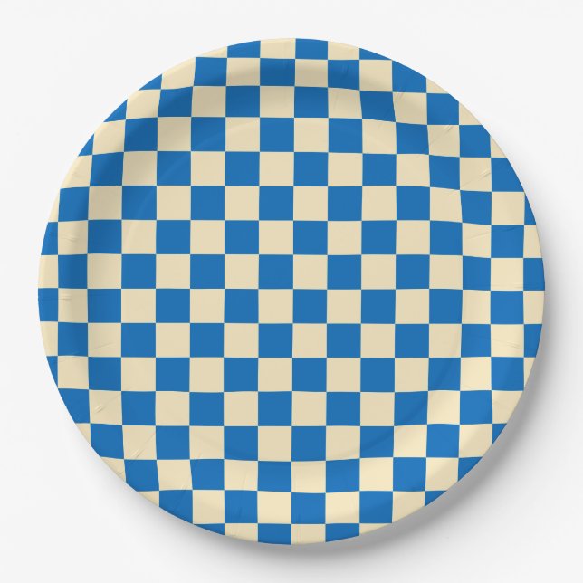 Assiettes En Carton Beige + Bleu Chèque À damiers Motif en damier (Devant)
