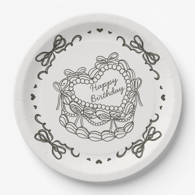 Assiettes En Carton Beige Bow Retro Coquette gâteau Coquette Anniversa (Devant)