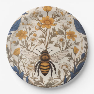 Assiettes En Carton Belle abeille florale vintage jaune et bleue