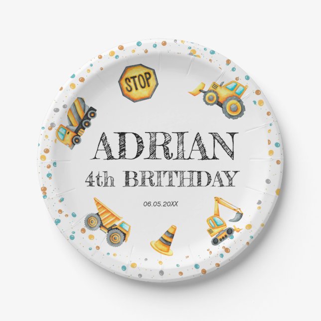 Assiettes En Carton Belle aquarelle d'anniversaire Véhicules de constr (Devant)