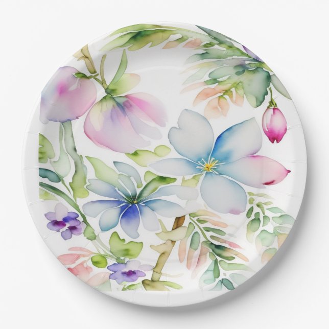 Assiettes En Carton Belle aquarelle Fleurs de printemps bleu rose (Devant)