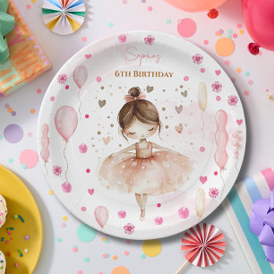Assiettes En Carton Belle ballerine rose et ballons anniversaire