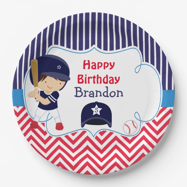 Assiettes En Carton Belle Baseball Dark Hair Boy Fête d'anniversaire (Devant)