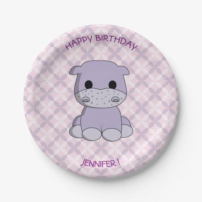 Assiettes En Carton Belle bébé hippo dessin d'anniversaire filles (Devant)