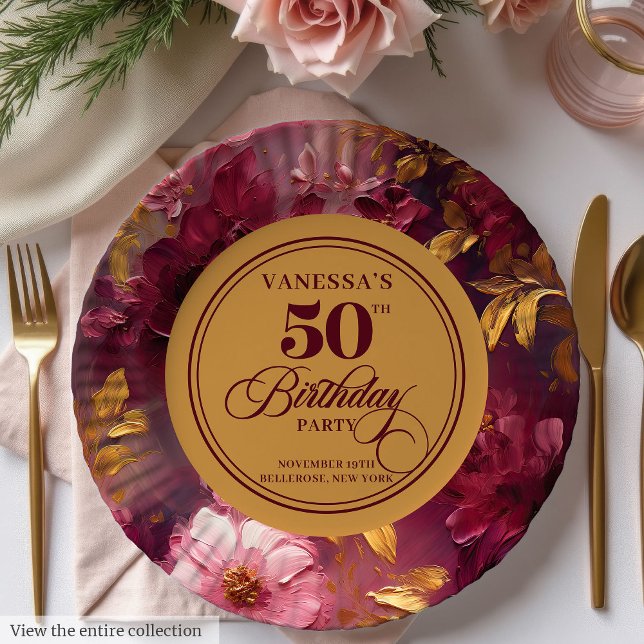 Assiettes En Carton Belle Boho Maroon Blush Gold 50e Anniversaire Plat (Lovely Boho Maroon Blush Gold 50th Birthday Plate)