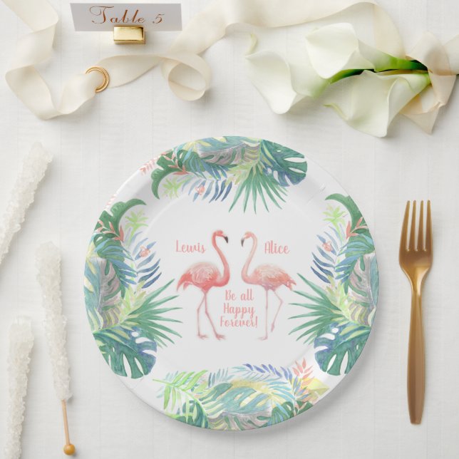 Assiettes En Carton Belle Conte Fée Pour Deux Flamants roses Fleur Tro (Mariage)