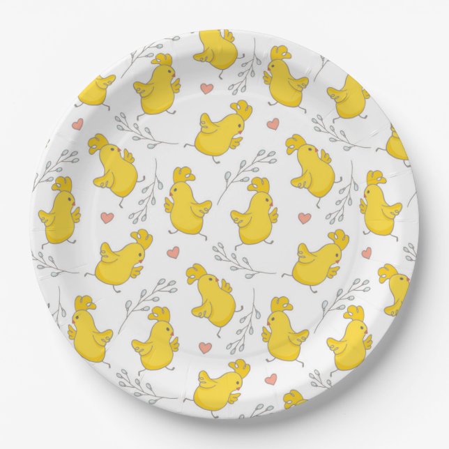 Assiettes En Carton Belle Danching Jaune Poussins de Pâques (Devant)