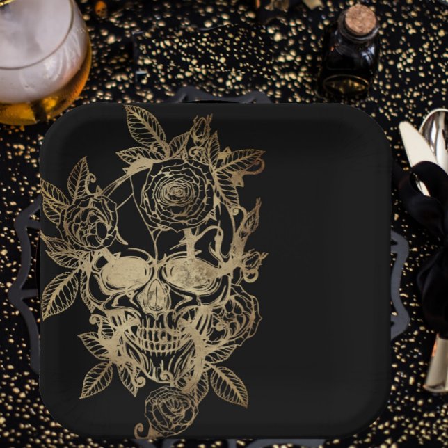 Assiettes En Carton Belle déplaisante | Crâne Grunge d'or avec Rose (Square 9" Dinner Plate)