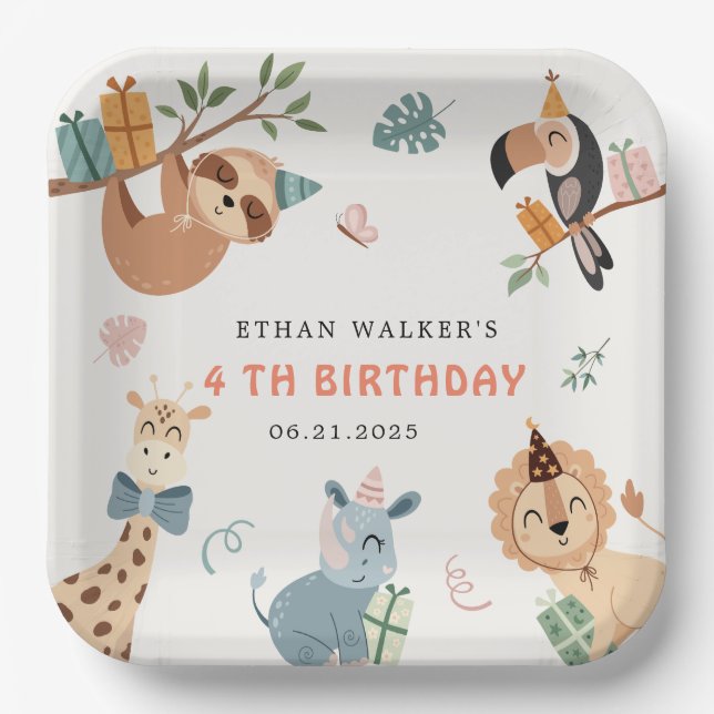 Assiettes En Carton Belle fête Safari Animaux Anniversaire de enfant (Recto)