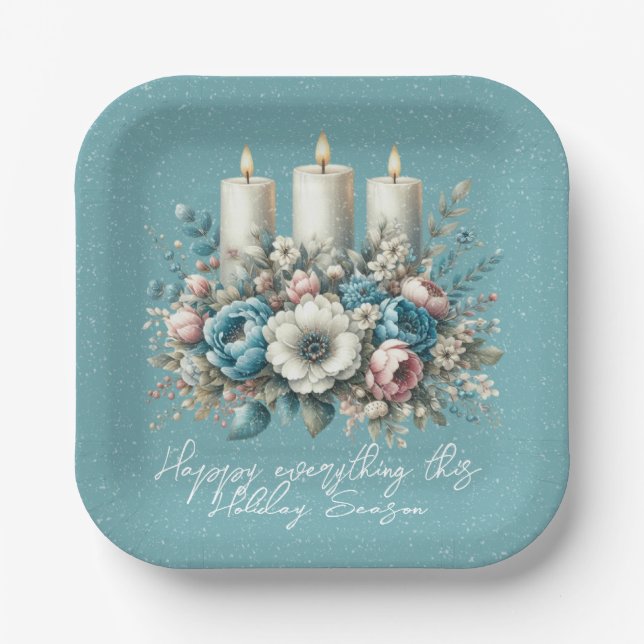 Assiettes En Carton Belle Fleurs de Noël Turquoise Bougies (Recto)