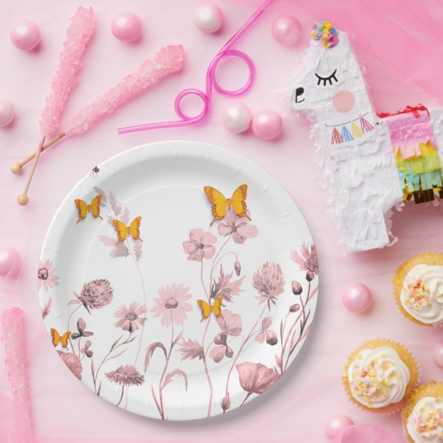 Assiettes En Carton Belle florale et papillon blanc et rose (Fête)