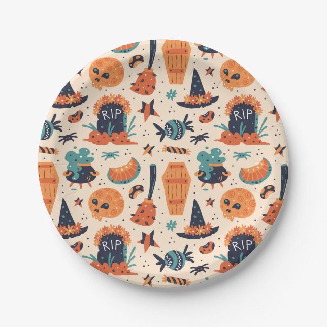 Assiettes En Carton Belle Halloween Gravestone & Cauldrons (Devant)