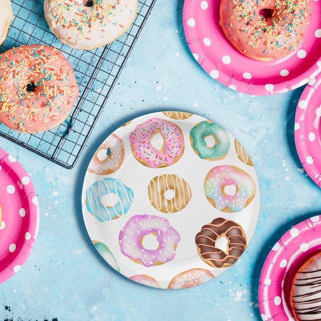 Assiettes En Carton Belle illustration de beignets doux du désert moti (Cute desert sweet donuts illustration pattern paper plates)
