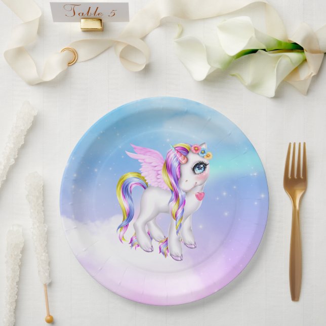 Assiettes En Carton Belle licorne avec Rainbow Mane & Tail (Mariage)
