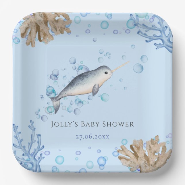 Assiettes En Carton Belle Ocean bébé garçon Narwhal bulles Baby shower (Recto)