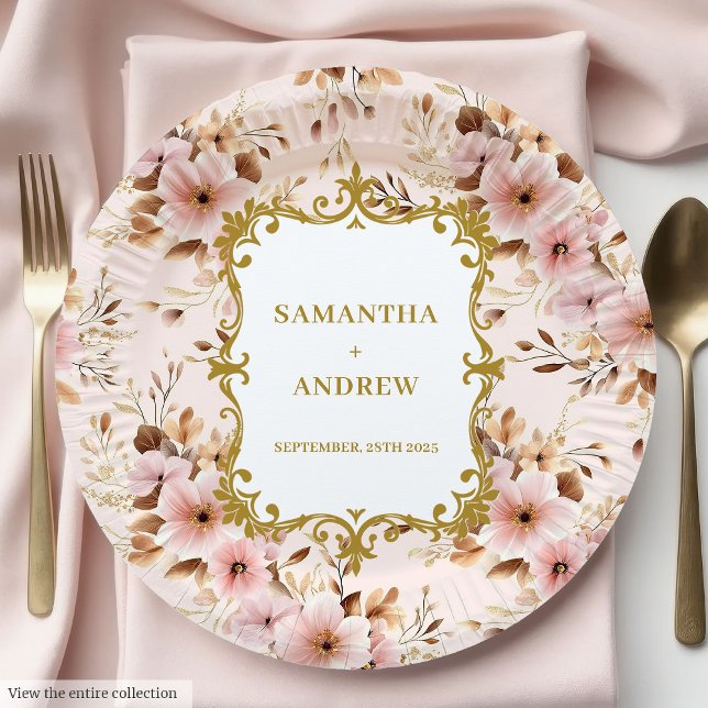 Assiettes En Carton Belle Plaques papier Mariage en or (Lovely Blush Gold Wedding Paper Plates)