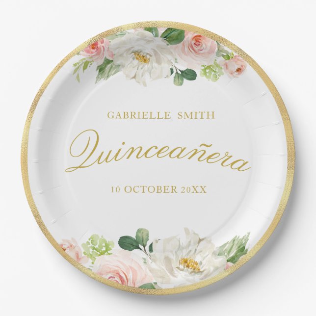 Assiettes En Carton belle Quinceanera rose floral (Devant)