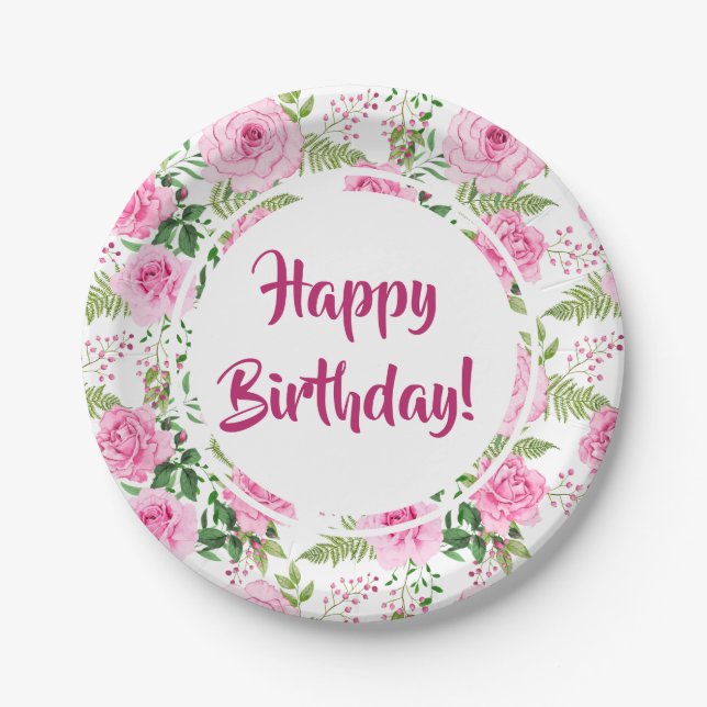 Assiettes En Carton Belle rose Roses Joyeux anniversaire (Devant)