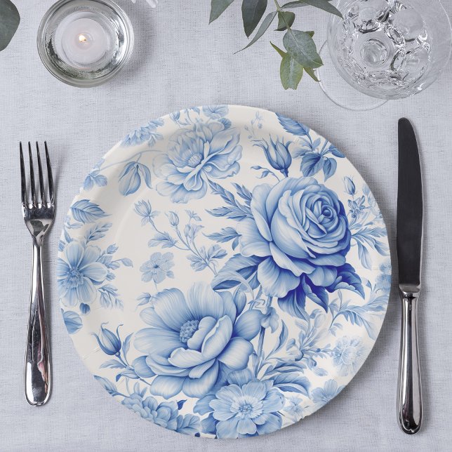 Assiettes En Carton Belle Roses et Fleurs sauvages Bleus & Blancs (Créateur téléchargé)