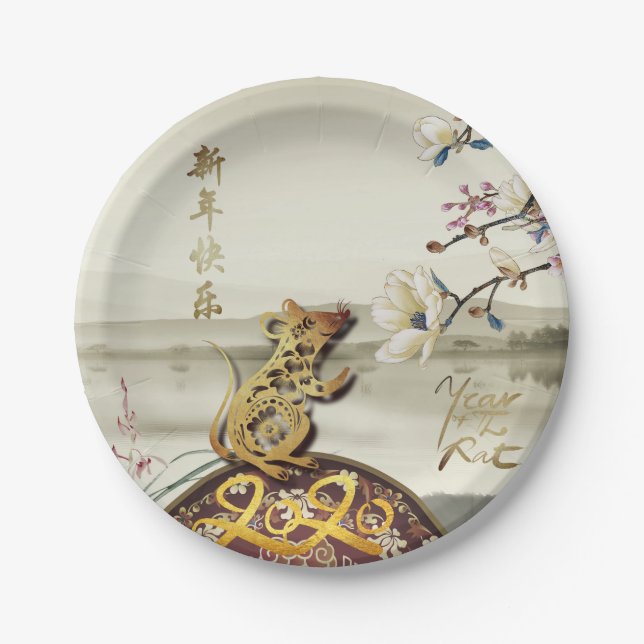 Assiettes En Carton Belle scène bucolique Chines Rat Année 2020 PPP (Devant)