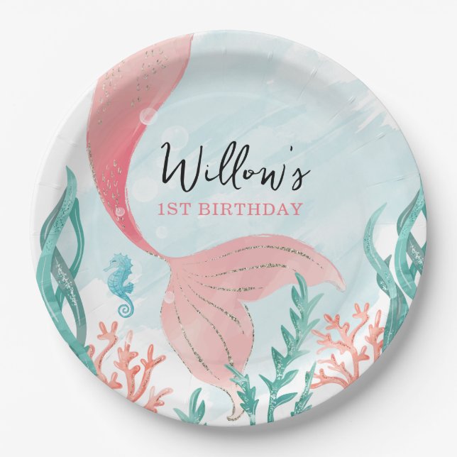 Assiettes En Carton Belle Sirène Fille Anniversaire Plaques de papier  (Devant)
