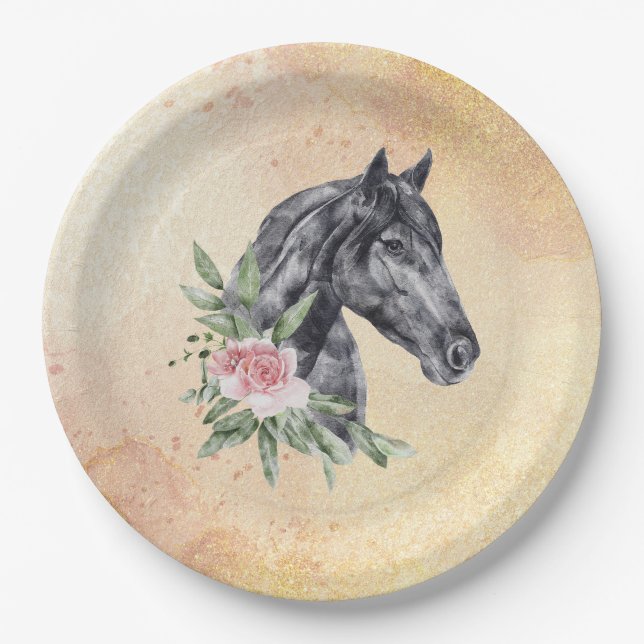 Assiettes En Carton Belle tête de cheval noir Portrait d'aquarelle (Devant)