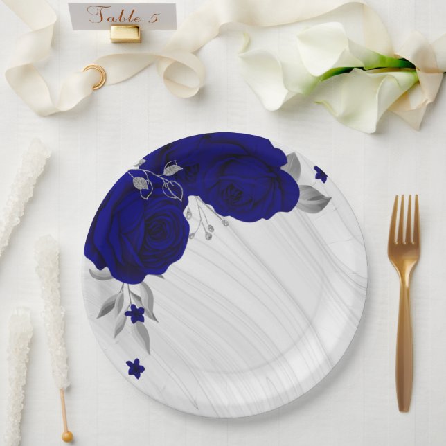 Assiettes En Carton Belles fleurs bleues royales marbre gris argent (Mariage)