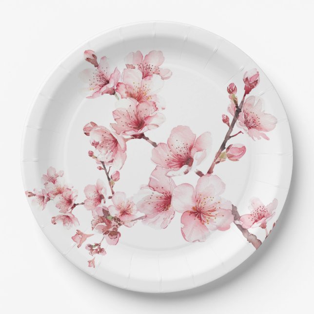Assiettes En Carton Belles fleurs de cerisiers roses (Devant)