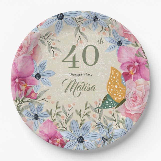 Assiettes En Carton Belles fleurs rustiques 40e anniversaire Moderne (Devant)