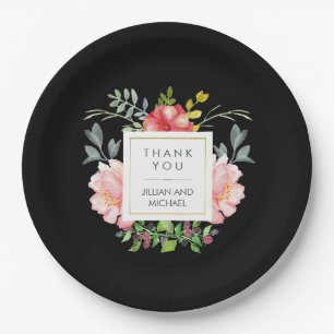 Assiettes En Carton Belles pivoines élégantes d'aquarelle sur le noir