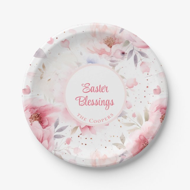 Assiettes En Carton Bénédiction de Pâques | Motif de fleurs roses | Pâ (Devant)