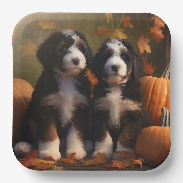 Assiettes En Carton Bernedoodle Chiot Automne Citrouille de plaisir (Recto)