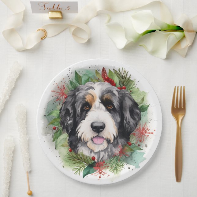 Assiettes En Carton Bernedoodle Christmas Wreath Festive Pup (Mariage)